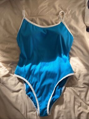 Shade & Shore Turquoise One-Piece Swimsuit with White Trim and Gold Accent